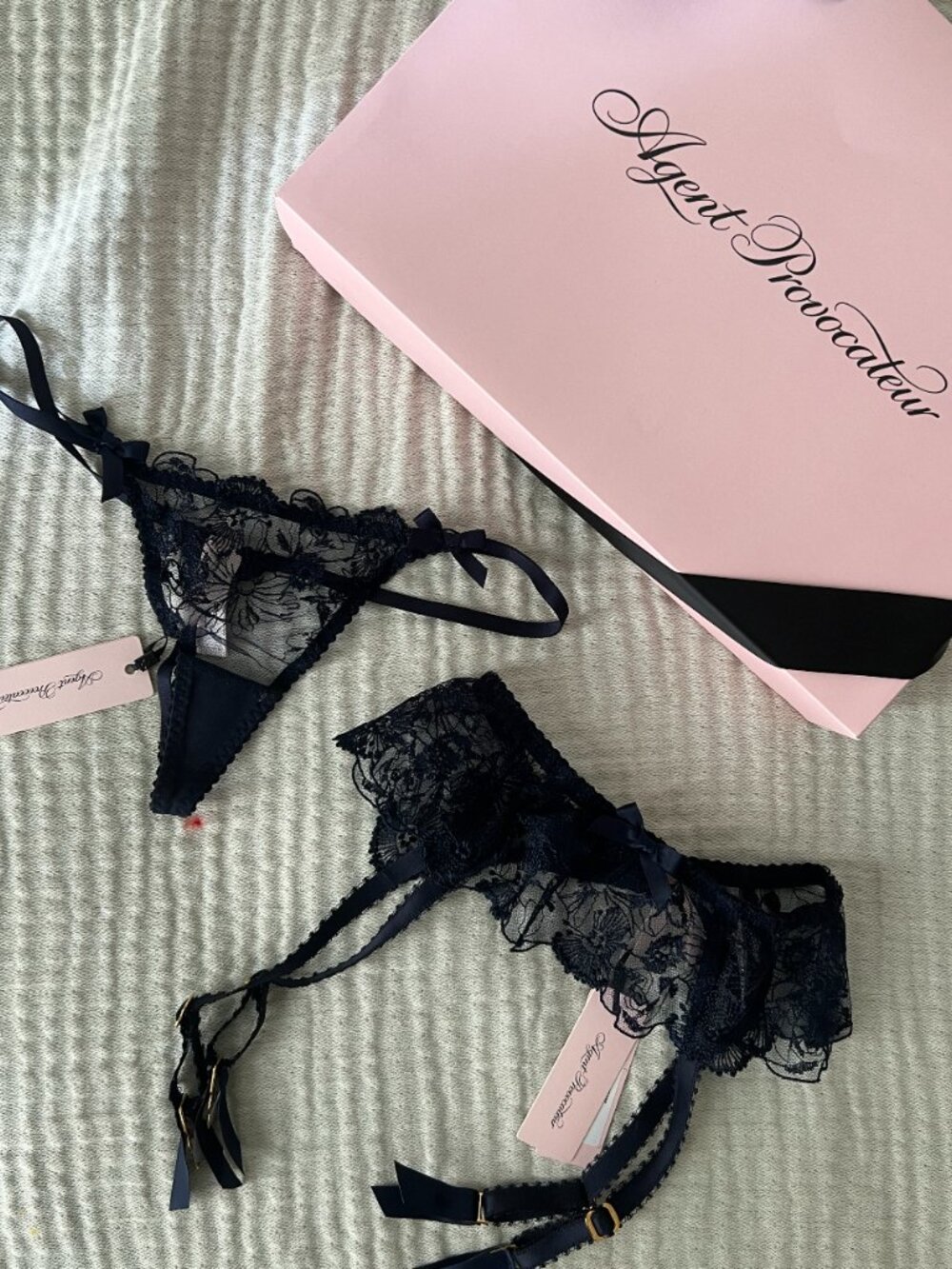 Agent Provocateur Navy Jayce Lace Garter Thong Set